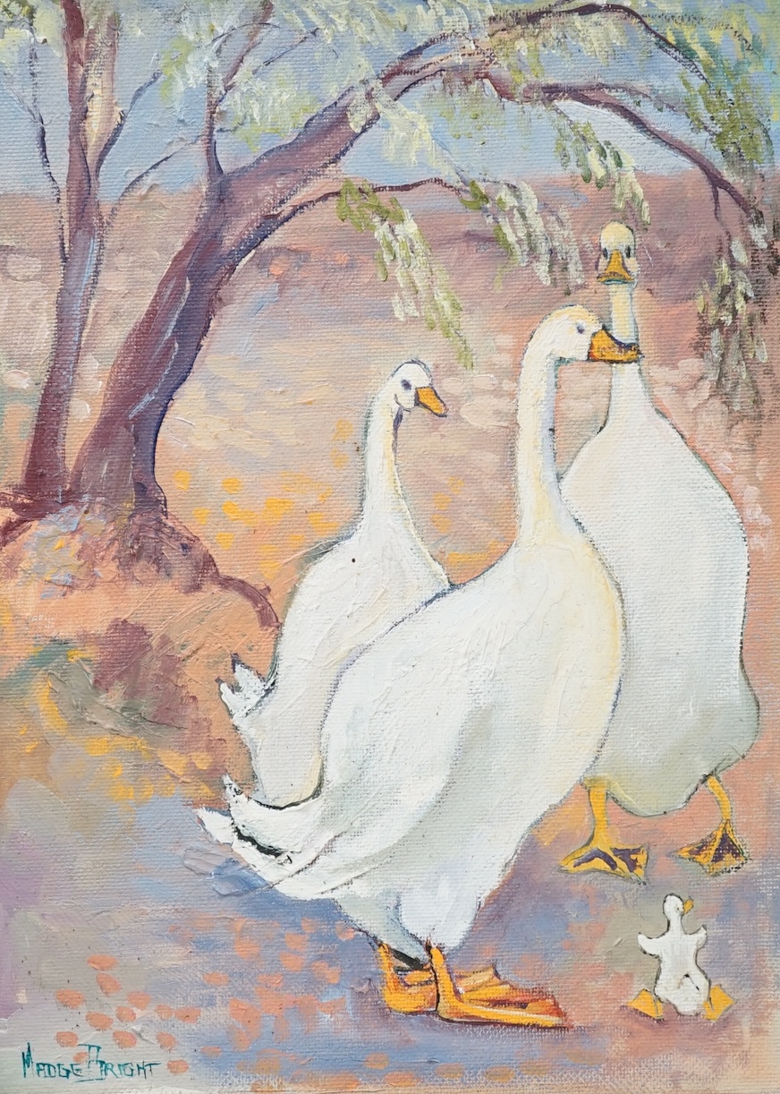 Madge Bright (20th. C), oil on board, geese before a landscape, signed, 28 x 20cm. Condition- good